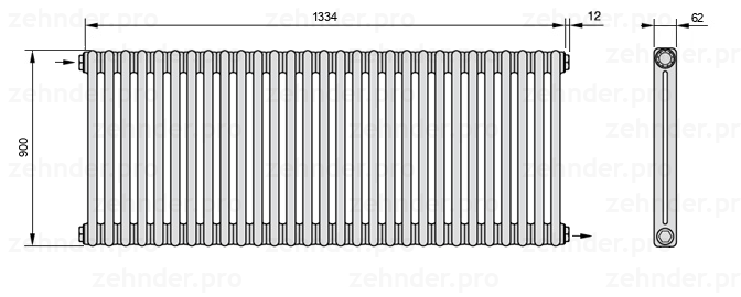 Схема (чертеж) Радиатор Zehnder Charleston 2090/29 №1670 Белый глянцевый RAL 9016